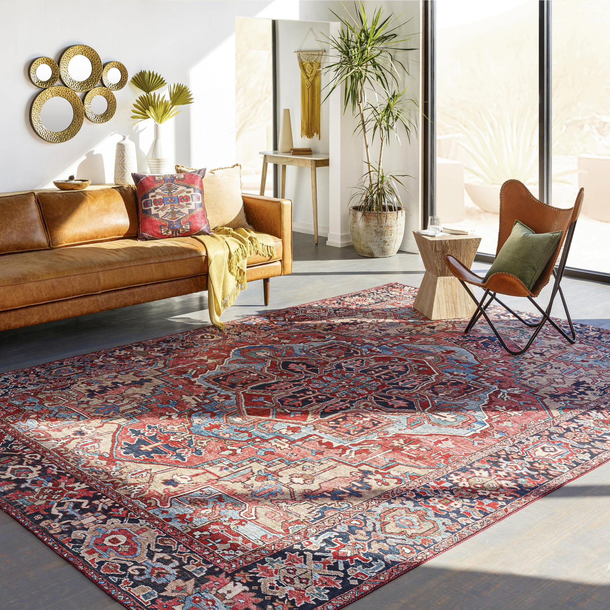 Three Posts™ Longino Oriental Bright Red/Beige/Blue Area Rug